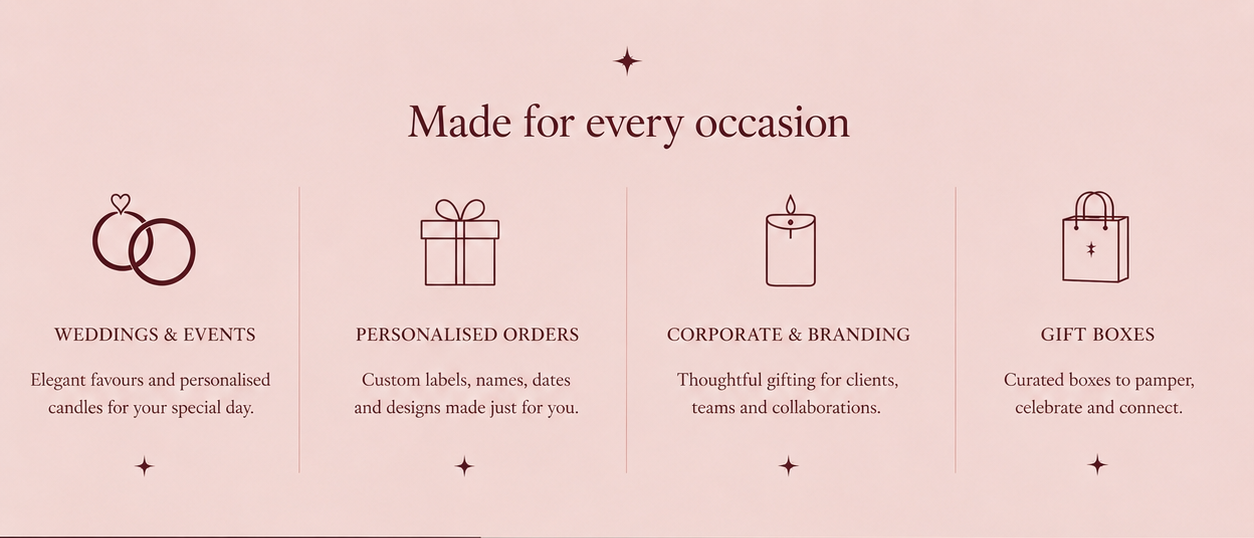 White favor boxes with 'RV' initials and pearl decorations, accompanied by promotional text about personalised services.